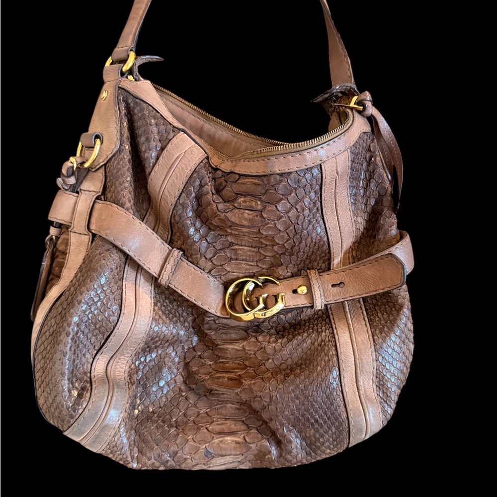 Gucci Brown Python-Embossed Leather Shoulder Bag … - image 1